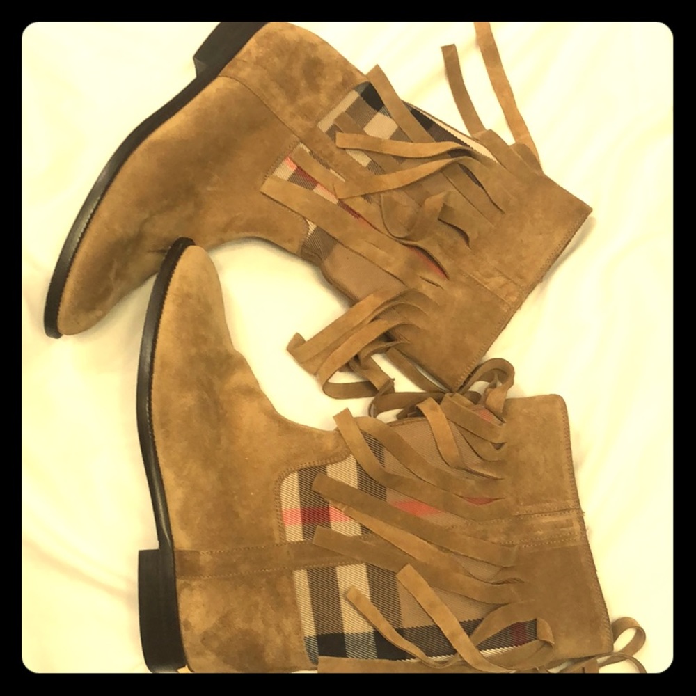 Suede Plaid Check Fringed Sandstone Burberry Boots
